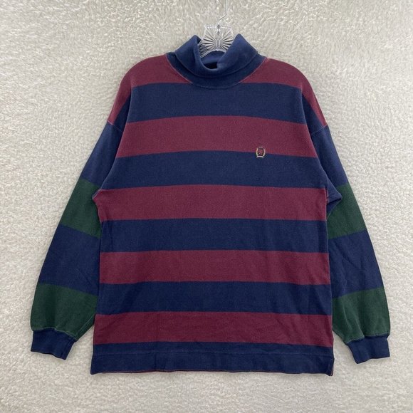 Tommy Hilfiger Navy Maroon Green Striped Logo Preppy Turtleneck Sweater  Mens L tourism.sg.gov.lk